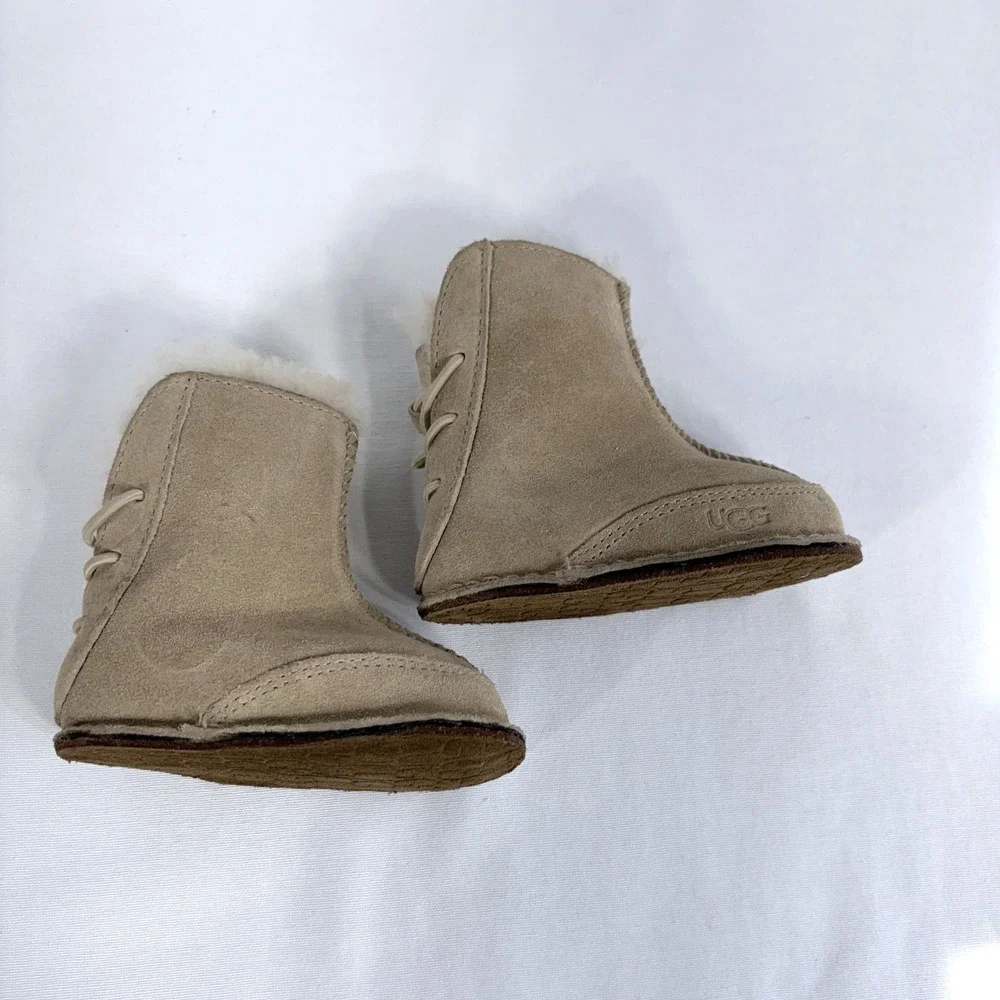 UGG Jesse Suede Sheepskin Boots Chestnut Tan Lace Back Infant Size S 2/3 5206